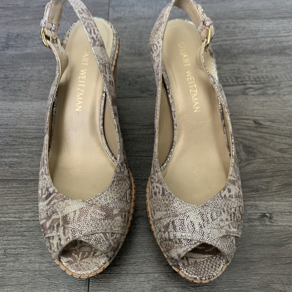 Stuart Weitzman Jean Silver Leather Cork Wedge Slingback Peep Toe Sandal 7.5